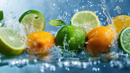 A striking image of vibrant citrus fruits creating a splash in clear water, highlighting their freshness and vivid colors, ideal for culinary and beverage projects.の素材