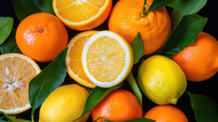 A stunning arrangement of fresh citrus fruits, including lemons and oranges, accented with vibrant green leaves against a dark background, ideal for healthy food concepts.の素材
