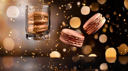 A stunning composition featuring delicate macarons floating against a soft bokeh backdrop, with golden particles adding an elegant touch. Perfect for food lovers.の素材