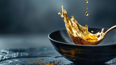Stunning image portraying a golden liquid splash from a spoon into a dark bowl, highlighting elegance and motion in culinary presentation, perfect for food-related themes.の素材
