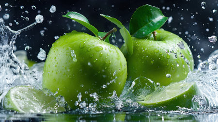 A stunning visual of fresh green apples and lime slices creating a splash in water, showcasing freshness and vitality against a dark, dramatic backdrop.の素材