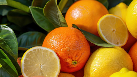 A colorful arrangement of fresh citrus fruits including oranges and lemons, set upon lush green leaves. This vibrant display captures the essence of healthy eating and seasonal freshness, perfect for food-related projects and wellness themes.の素材