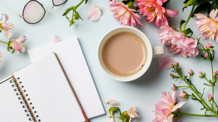 A tranquil morning setup featuring a cup of coffee, a blank notepad, stylish eyewear, and vibrant flowers on a soft blue background. Ideal for creative projects.の素材