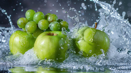 This visually stunning image captures fresh green apples and juicy grapes splashing into water, creating an energetic and refreshing scene filled with droplets, perfect for health and nature themes.の素材