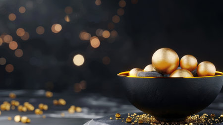 A striking composition featuring golden spheres arranged in a sleek bowl, surrounded by soft, shimmering lights. This elegant still life creates a luxurious and festive atmosphere, perfect for celebrations. Ideal for use in design projects, invitations, or promotional materials.の素材