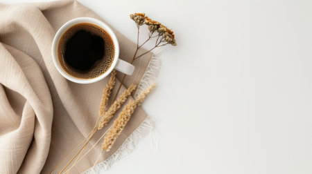 A serene flatlay featuring a steaming cup of coffee, dried flowers, and soft fabric, creating a cozy and tranquil atmosphere for relaxation moments.の素材