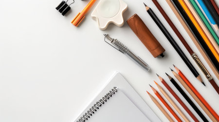This image showcases a neatly arranged creative workspace featuring various stationery items like pencils, a notepad, and a magnifying glass on a clean white background, perfect for inspiration.の素材
