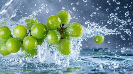 A captivating image of fresh green grapes splashing in water, highlighting their vibrant texture and dynamic motion. Perfect for promoting healthy eating.の素材