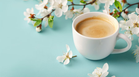 A charming white coffee cup rests on a soft blue surface, encircled by delicate white blossom flowers, creating a serene atmosphere perfect for relaxation.の素材