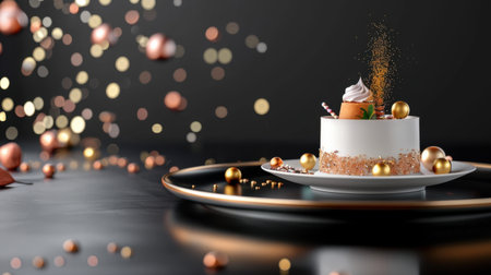 This stunning image showcases a beautifully crafted dessert on a stylish plate, adorned with festive decorations on a sleek black background, perfect for celebrations.の素材