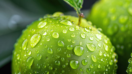 This close-up image features fresh green apples adorned with glistening water droplets, set against a lush green backdrop of leaves, showcasing their natural beauty.の素材