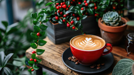 A captivating coffee scene featuring a red cup filled with latte art, surrounded by beautiful plants and greenery, creating a warm and inviting atmosphere.の素材