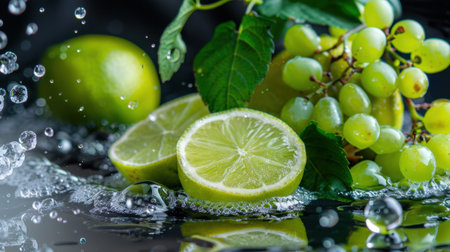 An artistic close-up of fresh limes and green grapes resting on a reflective surface, enhanced by water droplets and splashes, capturing the essence of freshness and vitality.の素材