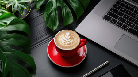 A cozy coffee moment captured on a workspace, featuring a warm cup of coffee with latte art, surrounded by greenery and a sleek laptop, creating a relaxed atmosphere.の素材