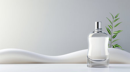 A sophisticated glass perfume bottle rests on a smooth surface, complemented by soft curves and a delicate green plant, creating a serene atmosphere.の素材