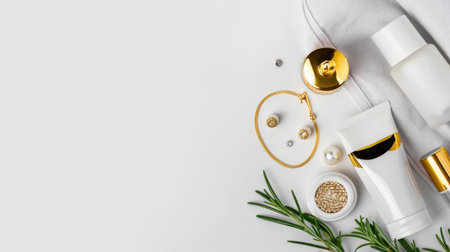 Discover a harmonious layout featuring skincare products alongside elegant jewelry and fresh rosemary. Ideal for beauty brands, wellness campaigns, and lifestyle blogs.の素材