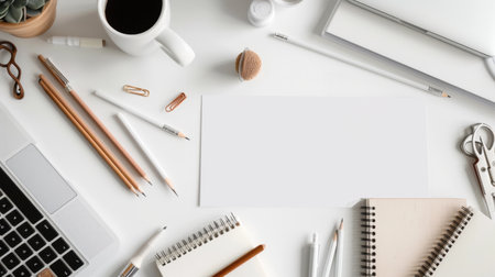 A well-organized workspace featuring a laptop, notebooks, pens, and a coffee cup on a clean white desk, ideal for productivity and creativity.の素材