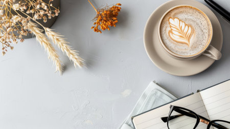 A cozy coffee moment featuring a beautifully crafted latte art in a cup accompanied by decorative dried flowers, a notepad, and glasses, creating a serene workspace atmosphere.の素材