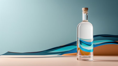 A transparent glass bottle is positioned elegantly against a colorful abstract background featuring waves and curves, embodying modern minimalism in design.の素材