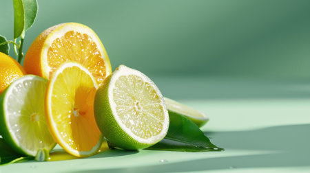 A vibrant display of various citrus fruits including orange, lemon, and lime, arranged artistically on a light green background, showcasing freshness.の素材