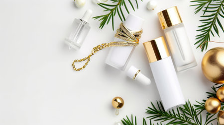 A captivating flatlay featuring elegant cosmetic bottles, decorative jewelry, and festive ornaments arranged artfully on a clean background.の素材