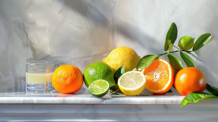 A vibrant collection of fresh citrus fruits including oranges, lemons, limes, and a glass of juice elegantly displayed on a white marble surface.の素材