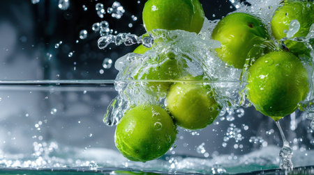 This stunning image captures fresh green limes splashing into clear water, creating vibrant bubbles against a dark background. Perfect for highlighting freshness and vitality.の素材
