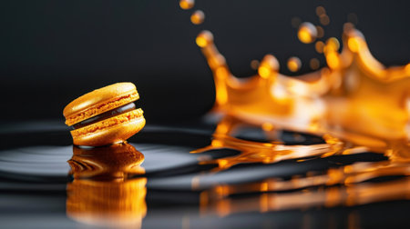 A stunning close-up of a golden macaron resting on a reflective surface with splashes of vibrant liquid, perfect for dessert and culinary photography.の素材