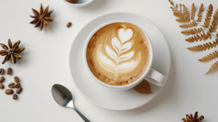 Beautiful aerial view of a latte with heart-shaped art, surrounded by spices and fern leaves on a clean white table, evoking warmth and comfort.の素材