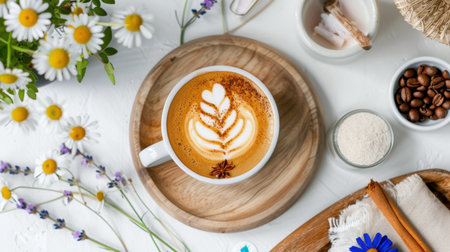 This cozy coffee scene features a beautifully crafted latte with intricate art, surrounded by fresh flowers and natural ingredients on a wooden plate.の素材