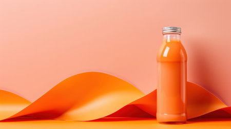 A visually striking image of a glass bottle filled with vibrant orange juice, complemented by flowing orange paper waves, symbolizing freshness and health.の素材