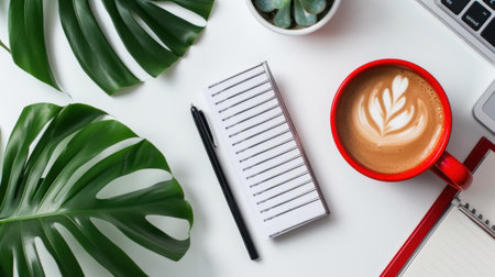 A cozy workspace scene featuring a cup of coffee with beautiful latte art, a notepad, and green tropical leaves, perfect for inspiring productivity and creativity.の素材