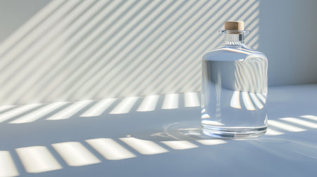 A stunning clear glass bottle filled with water casts reflections and shadows on a surface, beautifully illuminated by natural striped light, embodying minimalist elegance.の素材