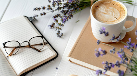 A serene morning setting featuring a cup of coffee, a stylish notebook, reading glasses, and fresh lavender flowers on a white wooden table. Perfect for relaxation.の素材