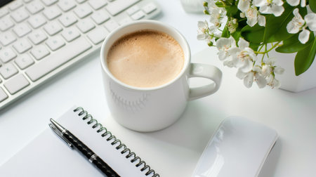 A cozy workspace featuring a cup of coffee, an open notepad, a computer keyboard, and a small green plant, perfect for inspiring creativity and productivity.の素材