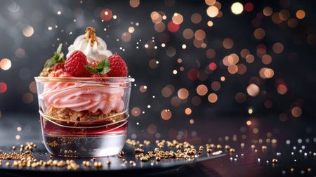 A stunning layered dessert featuring creamy whipped topping, fresh raspberries, and a vibrant bokeh background, perfect for celebrations and sweet cravings.の素材