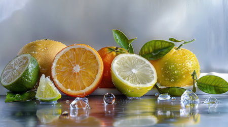A vibrant arrangement of fresh citrus fruits including lemon, lime, and orange, showcased on a reflective surface with droplets of water and leaves, highlighting freshness.の素材