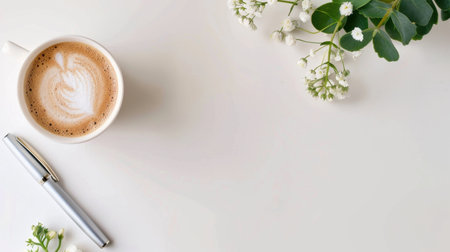 This beautiful flat lay displays a coffee mug with latte art alongside a silver pen and fresh greenery with delicate white flowers, perfect for inspiring creativity.の素材