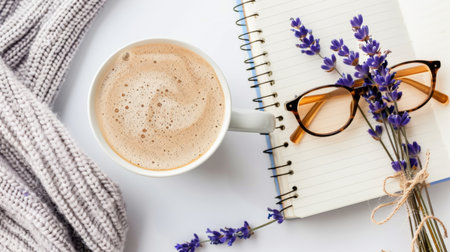 A calming scene featuring a cup of coffee, lavender flowers, glasses, and a notepad, perfect for relaxation, creativity, and inspirational moments.の素材