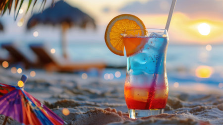 Enjoy a vibrant cocktail with a slice of orange beautifully arranged on sandy beach. The sunset creates a serene atmosphere, perfect for relaxation.の素材