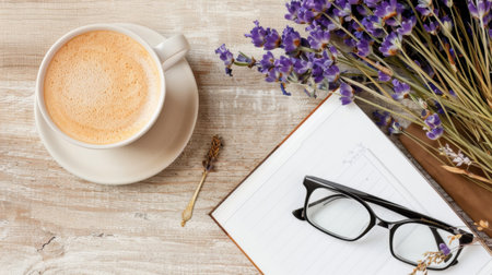 A warm and inviting workspace featuring a cup of coffee, fresh lavender, an open notebook, and a pair of glasses on a rustic wooden table, ideal for inspiration.の素材