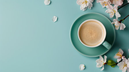 A cozy coffee cup rests on a soft blue surface, accompanied by delicate cherry blossom petals, creating a serene and inviting atmosphere.の素材
