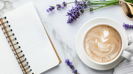 A serene morning scene featuring a cup of coffee, fresh lavender flowers, and a blank notebook on a marble surface, perfect for inspiration and relaxation.の素材