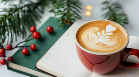A warm and inviting scene featuring a red coffee cup with latte art resting on an open notebook. Surrounding greenery and berries enhance the cozy winter atmosphere.の素材