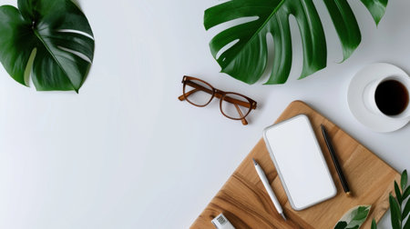 A modern workspace featuring green plants, a cup of coffee, a smartphone, and eyeglasses arranged on a wooden desk, ideal for inspiration.の素材