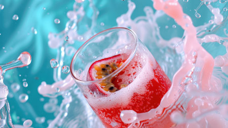 A vibrant glass of refreshing summer drink with tropical fruit slices creating a lively splash and bubbles. Perfect for summer parties or promotions.の素材