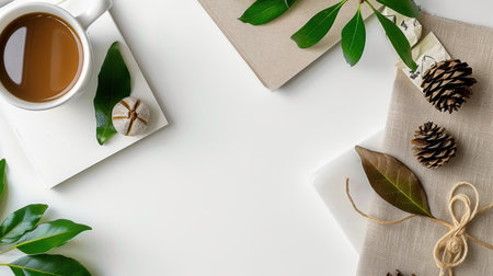 A peaceful flatlay showcasing a coffee cup, notebook, and natural elements like leaves and pinecones, perfect for creative workspace inspiration.の素材