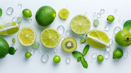 A vibrant arrangement of fresh citrus fruits, including lemons, limes, and kiwi, adorned with water droplets and mint leaves, perfect for healthy recipes.の素材
