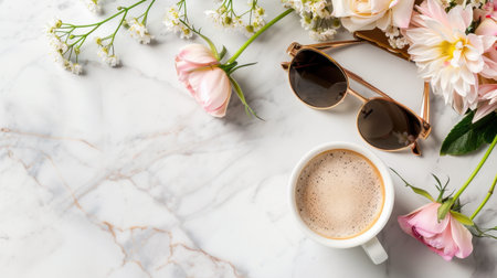 A captivating morning scene displaying a cup of coffee surrounded by fresh flowers and stylish sunglasses on a sleek marble surface. Perfect for lifestyle themes.の素材
