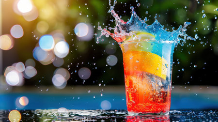 A vibrant and refreshing drink splashes in a clear glass, featuring citrus fruits, capturing the essence of summer festivities and outdoor enjoyment.の素材